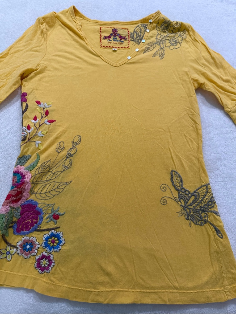 Johnny Was Yellow Top Size Small with Beautiful Embroidery on Front and Back D81
